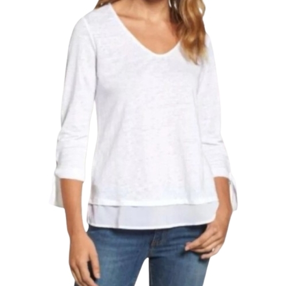 Sanctuary Tops - Sanctuary White 3/4 Tie Sleeve V-Neck Top 100% Linen Size L Chiffon Ruffle Hem